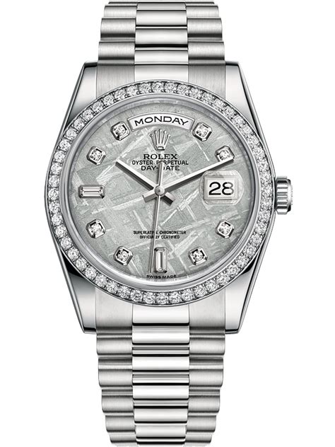 rolex day date platinum meteorite diamond bezel|Rolex diamond set watch.